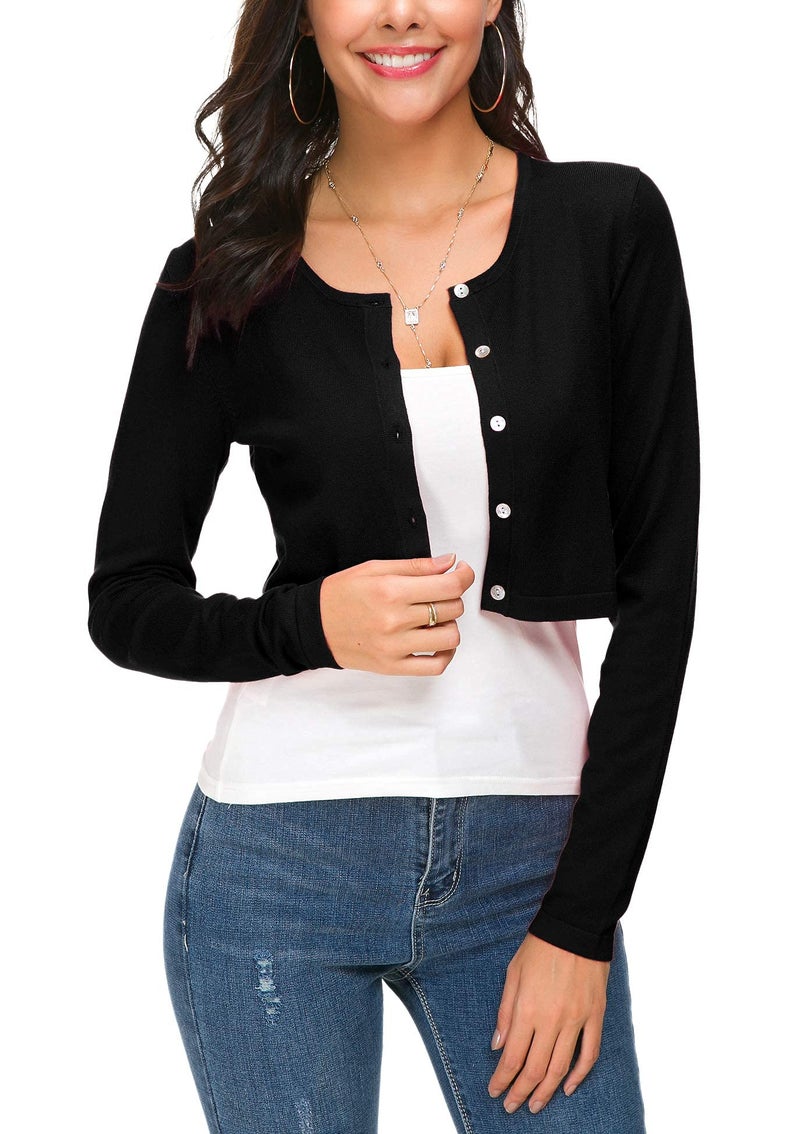 EXCHIC Women's Cropped Knit Cardigan Sweater Long Sleeve Button Down Open Front Bolero Shrug for Spring and Fall (S, Black) - Image 1